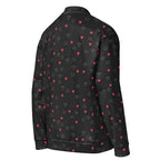 Unisex bomber jacket by Daemon Luxury featuring speckled diamond pattern on white fabric, shown from the right back view.