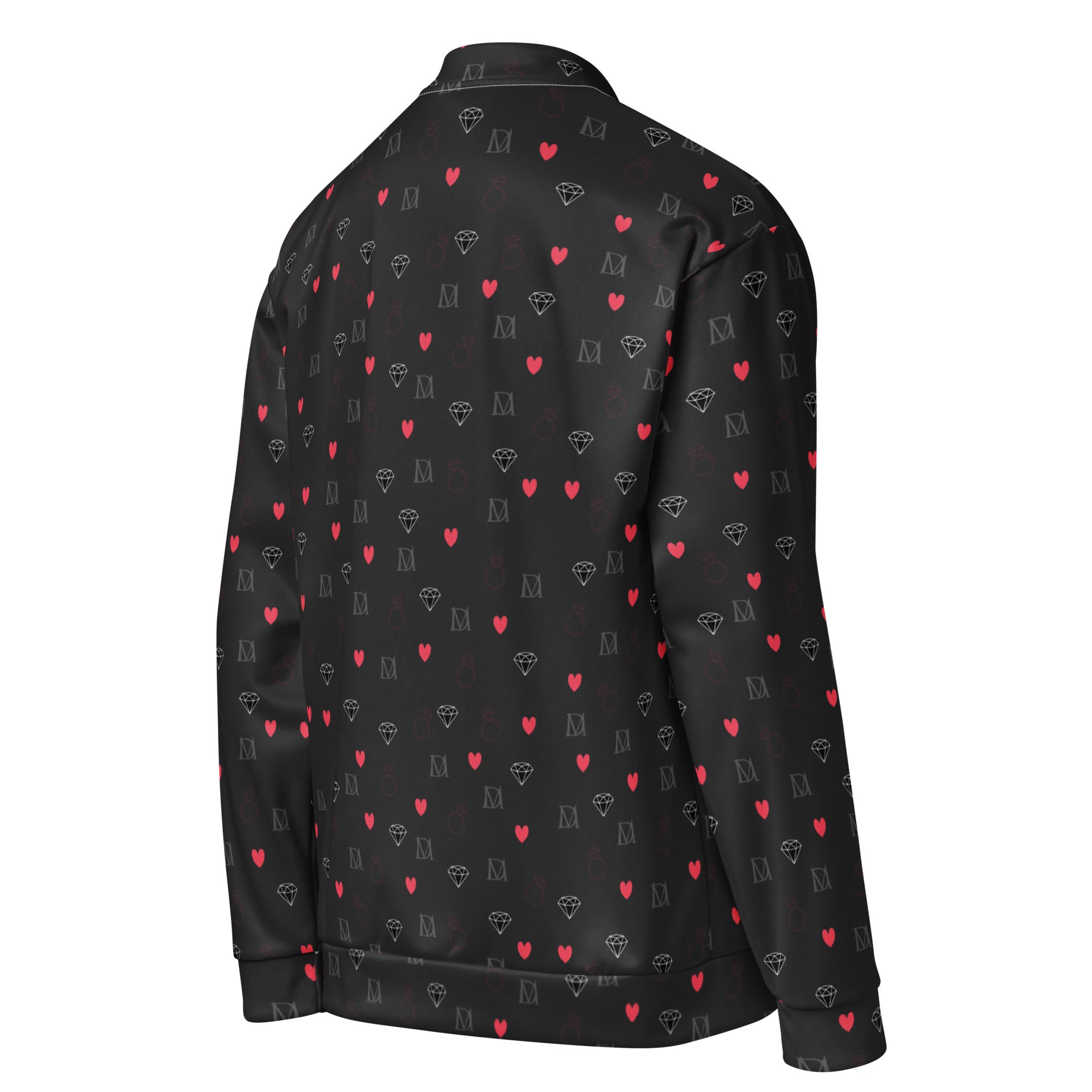Unisex bomber jacket by Daemon Luxury featuring speckled diamond pattern on white fabric, shown from the right back view.