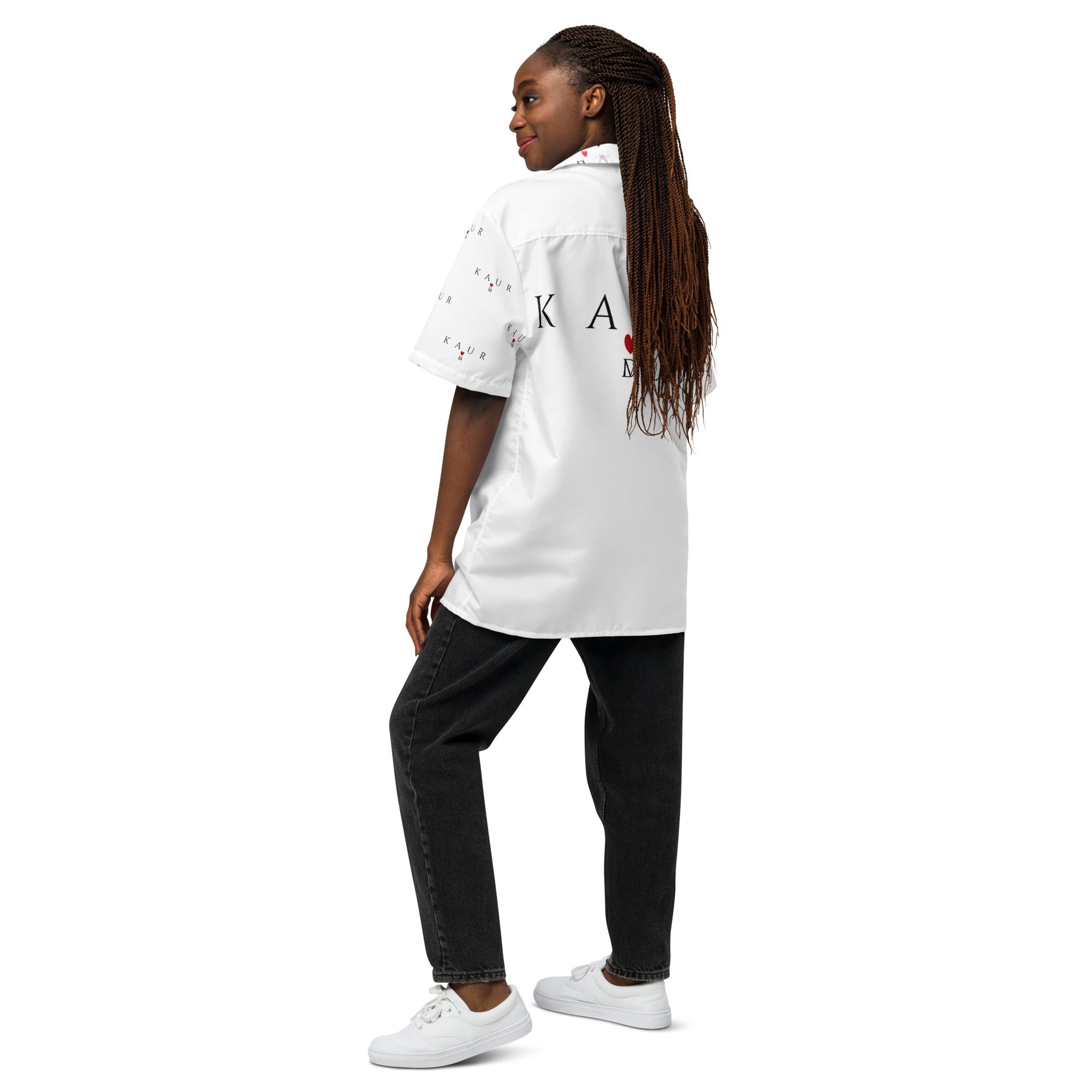 All-over print white unisex button shirt by Daemon Luxury, displayed from the back with detailed design.
