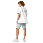 All-over print white unisex button shirt by Daemon Luxury, showing the back view with detailed pattern.
