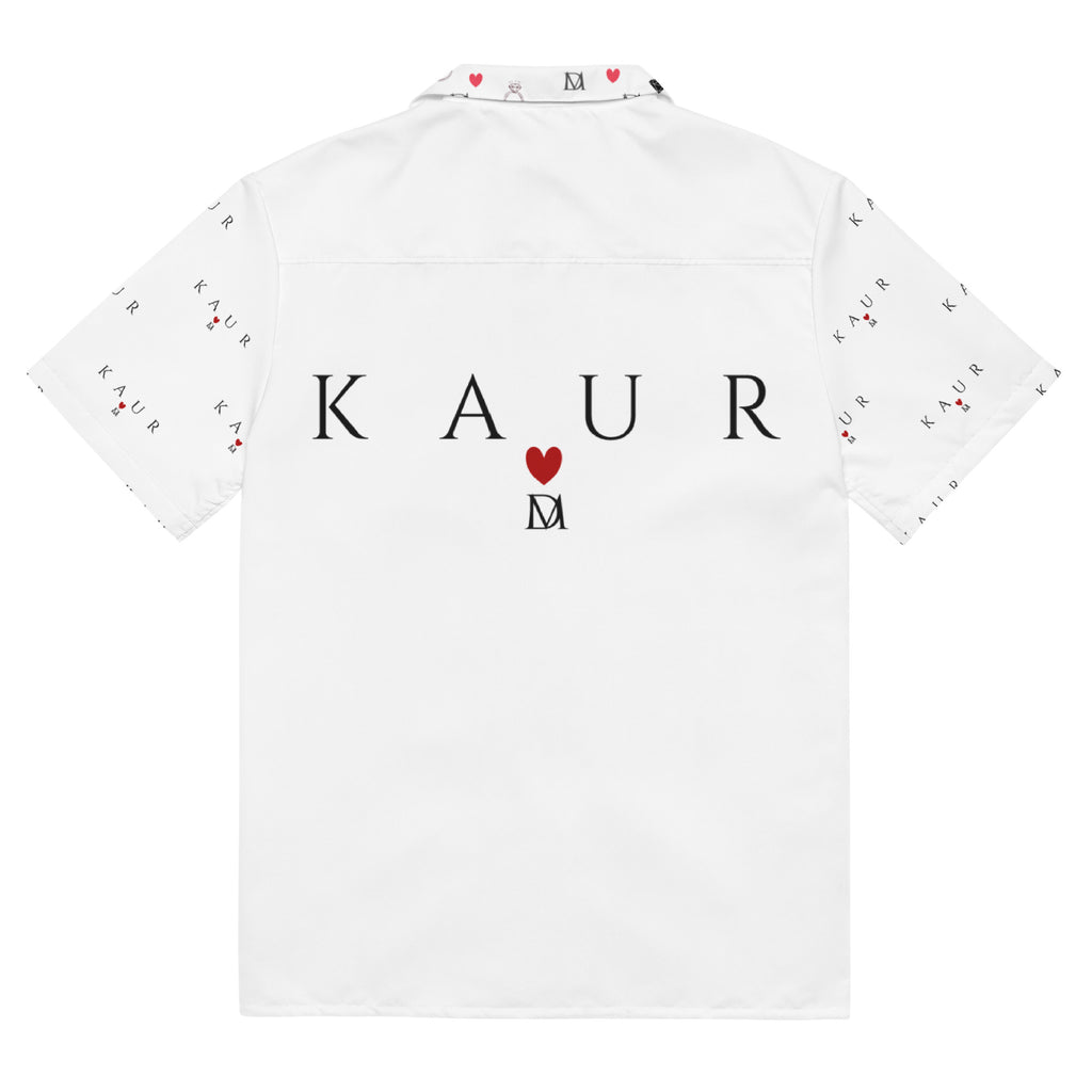 All-over print white unisex button shirt by Daemon Luxury, shown from the back with stylish design details.