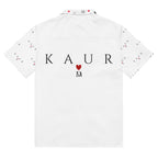 All-over print white unisex button shirt by Daemon Luxury, shown from the back with stylish design details.