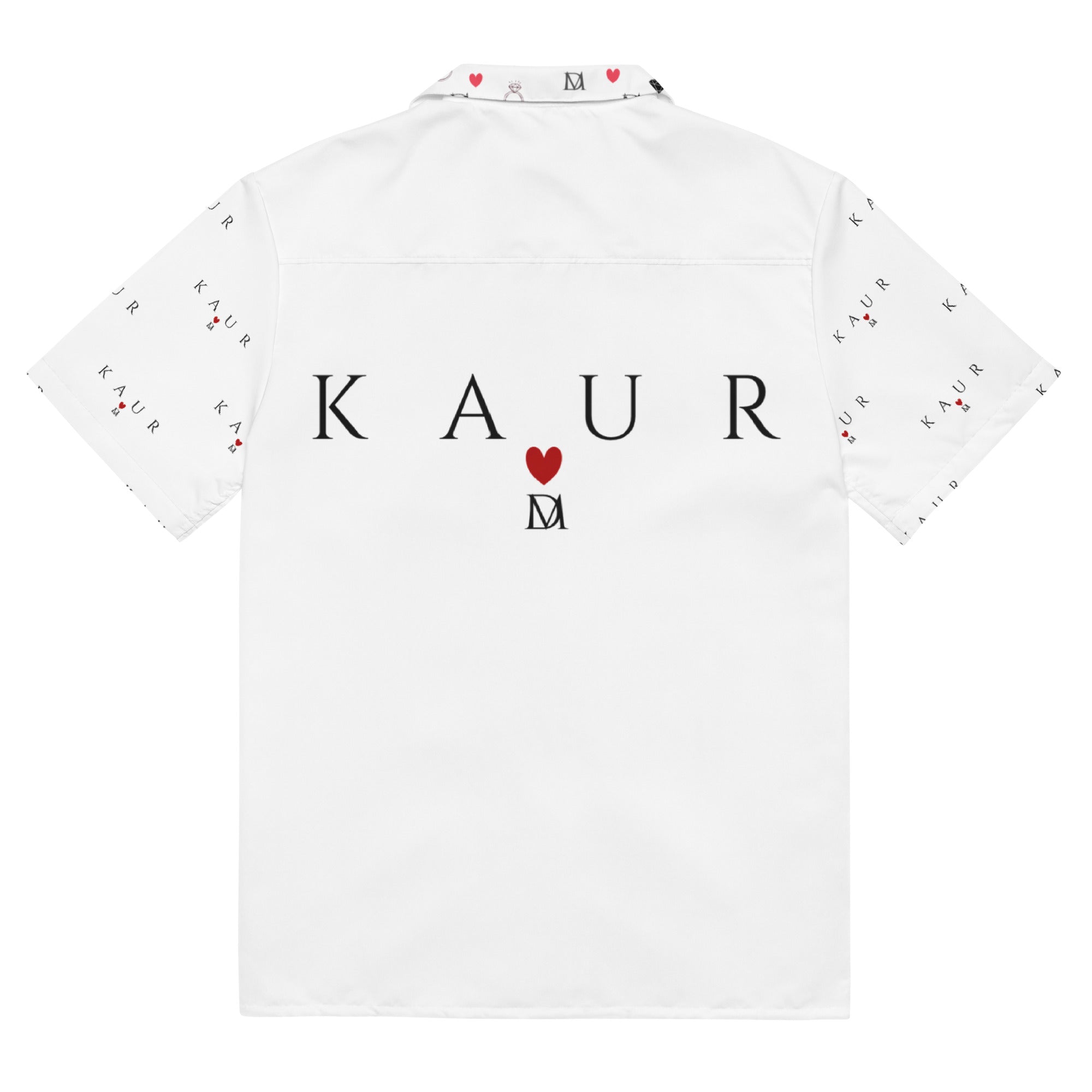 All-over print white unisex button shirt by Daemon Luxury, shown from the back with stylish design details.