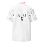 All-over print unisex button shirt by Daemon Luxury shown from the back, featuring a stylish white design and button-down front.