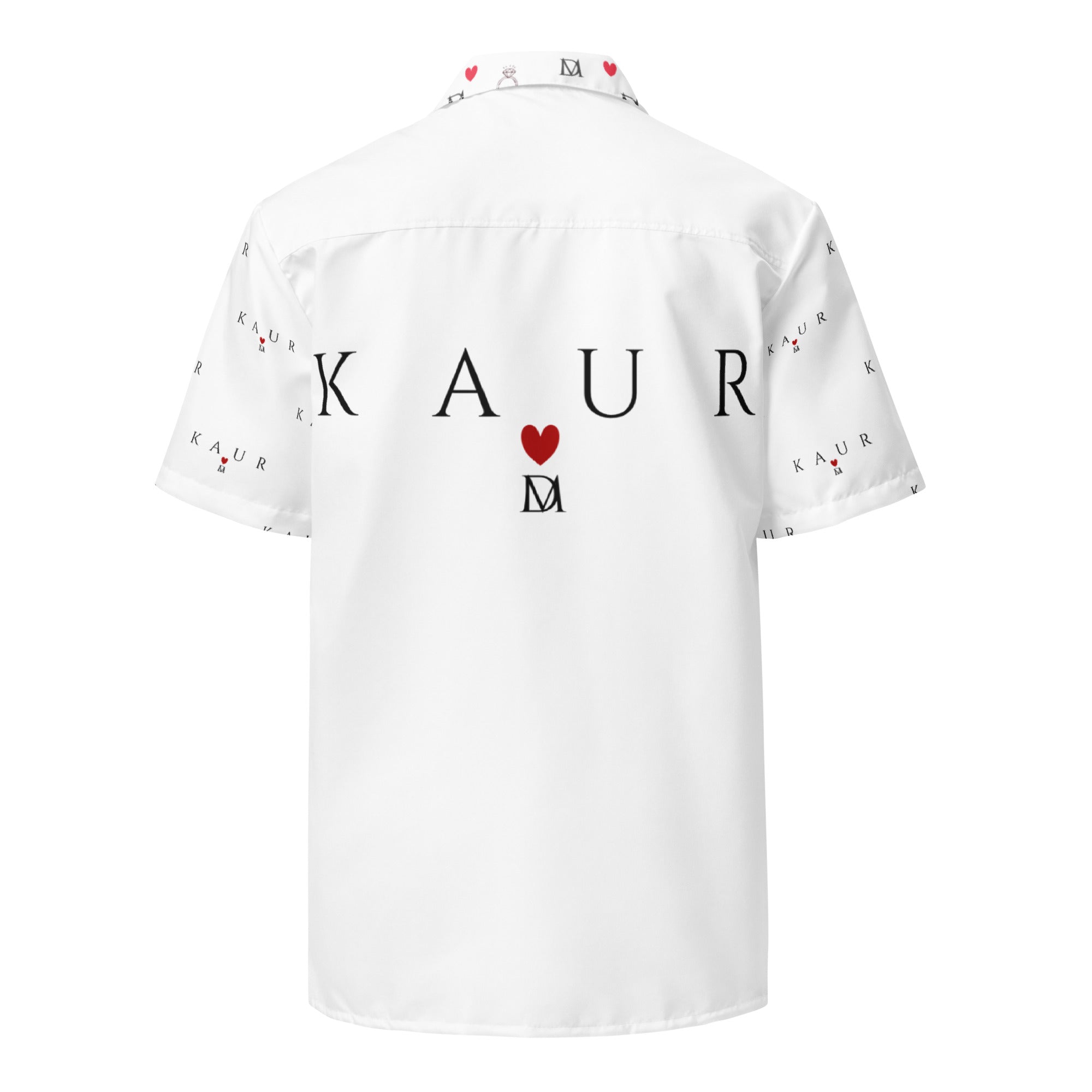 All-over print unisex button shirt by Daemon Luxury shown from the back, featuring a stylish white design and button-down front.