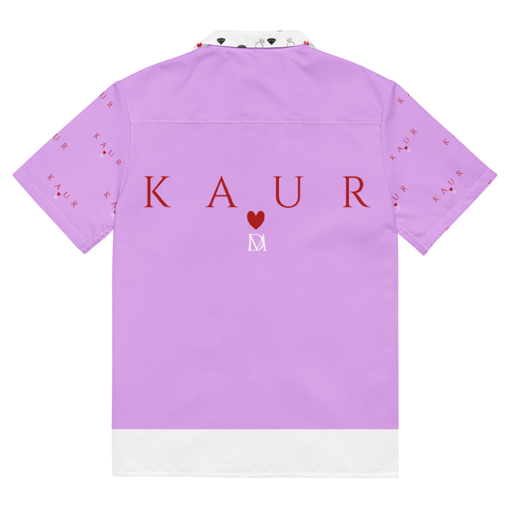 Unisex white button-up shirt with all-over Love of Nimrat (Mutiyaar) print by Daemon Luxury, shown from the back.