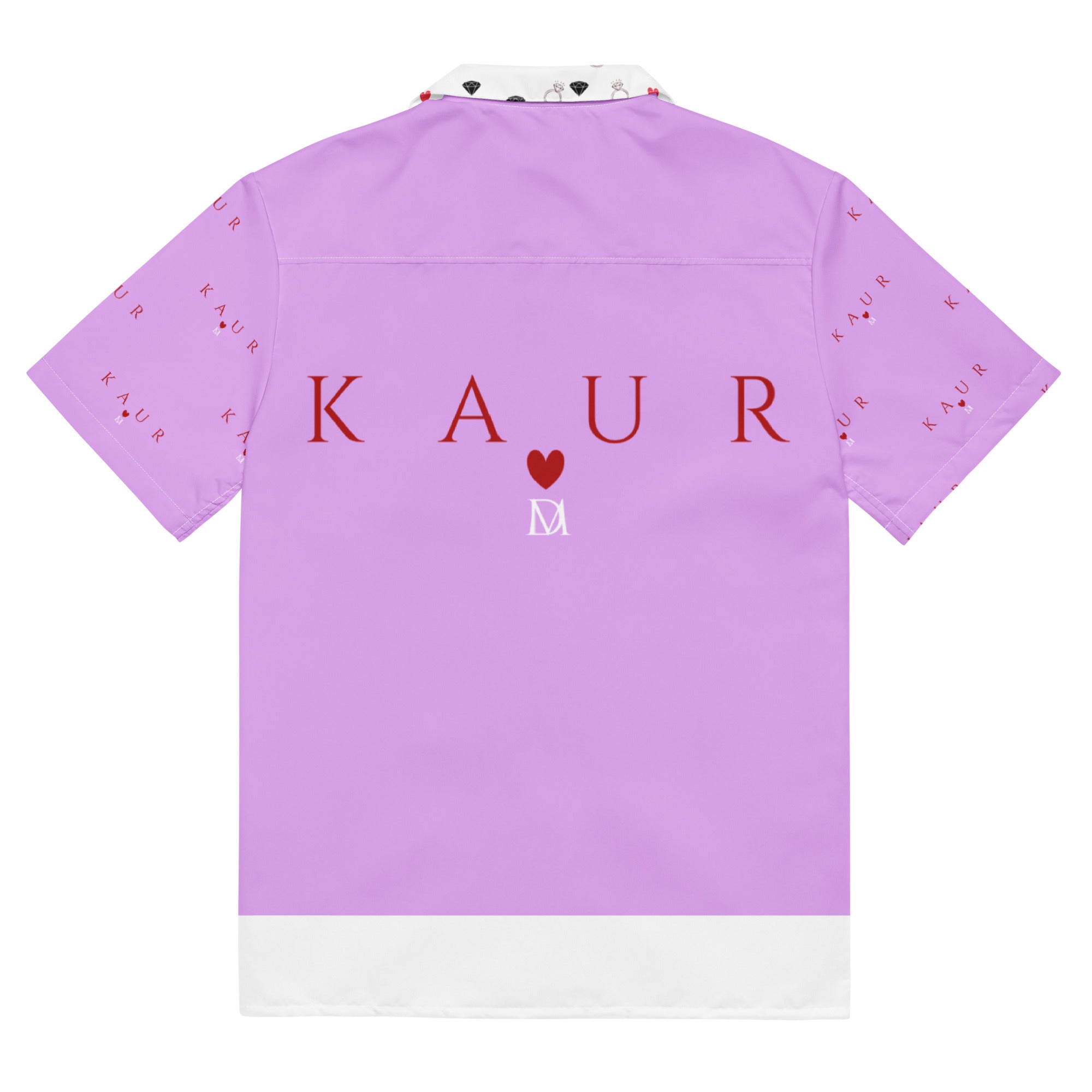 Unisex white button-up shirt with all-over Love of Nimrat (Mutiyaar) print by Daemon Luxury, shown from the back.