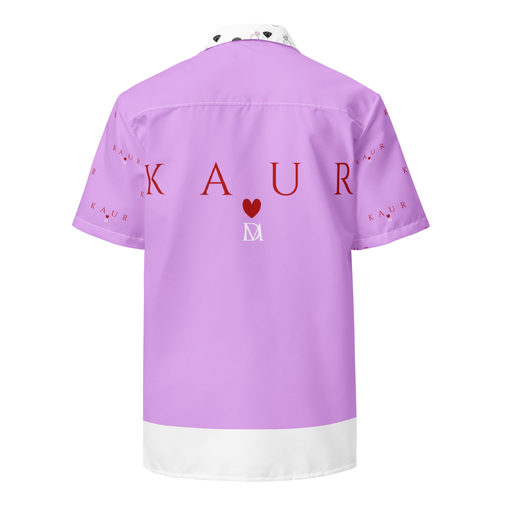 Daemon Luxury Love of Nimrat unisex button-up shirt with all-over print on white fabric, casual and stylish.