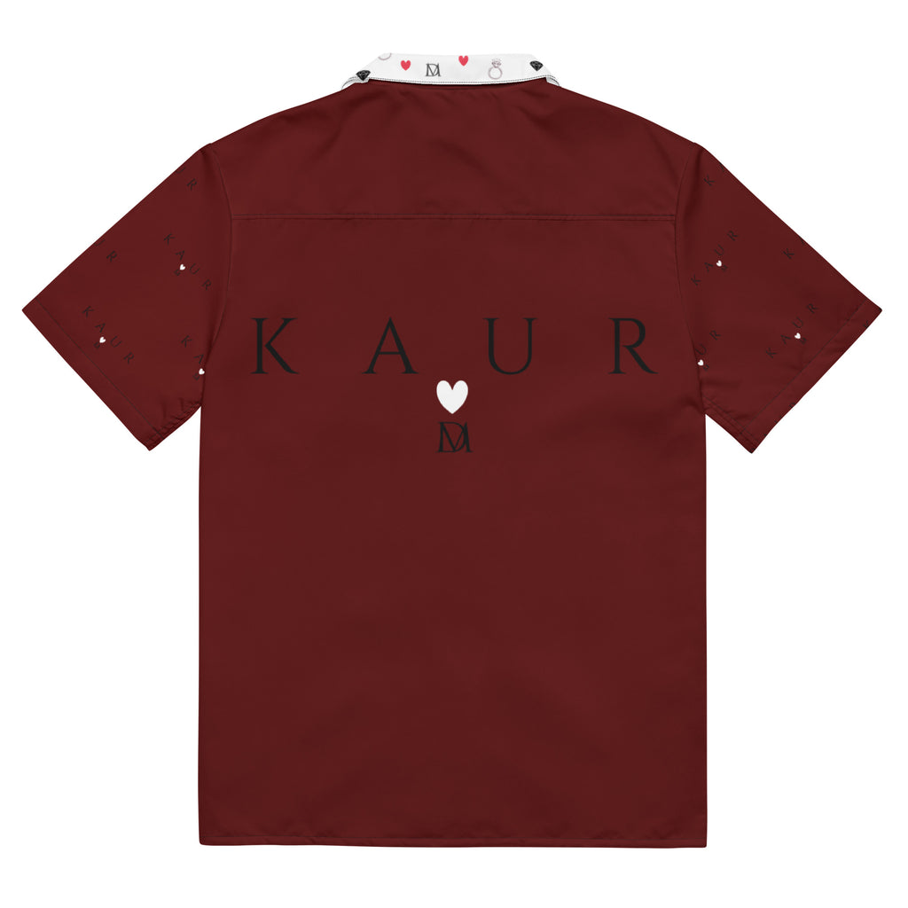 Unisex white button-up shirt featuring all-over Deep Hearts (Tainu Yaad) print by Daemon Luxury, casual and stylish design.