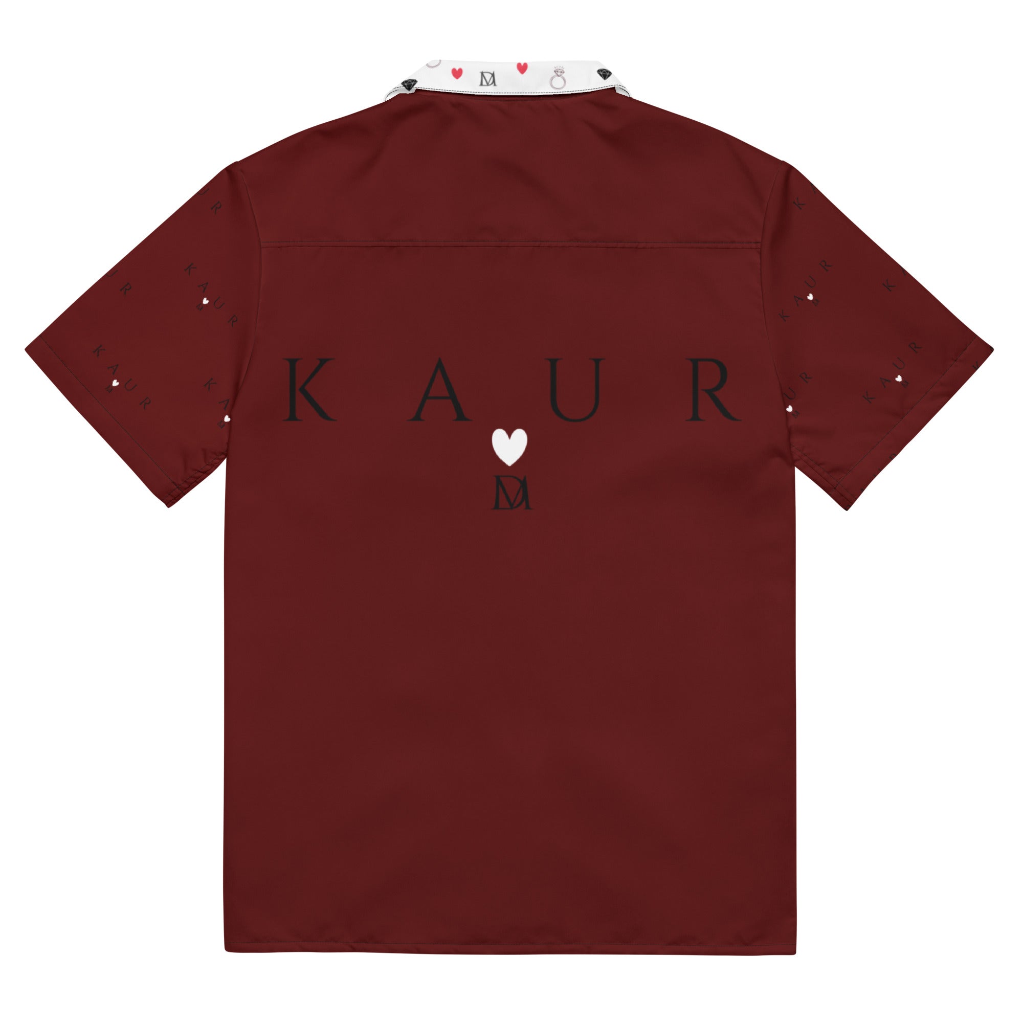 Unisex white button-up shirt featuring all-over Deep Hearts (Tainu Yaad) print by Daemon Luxury, casual and stylish design.