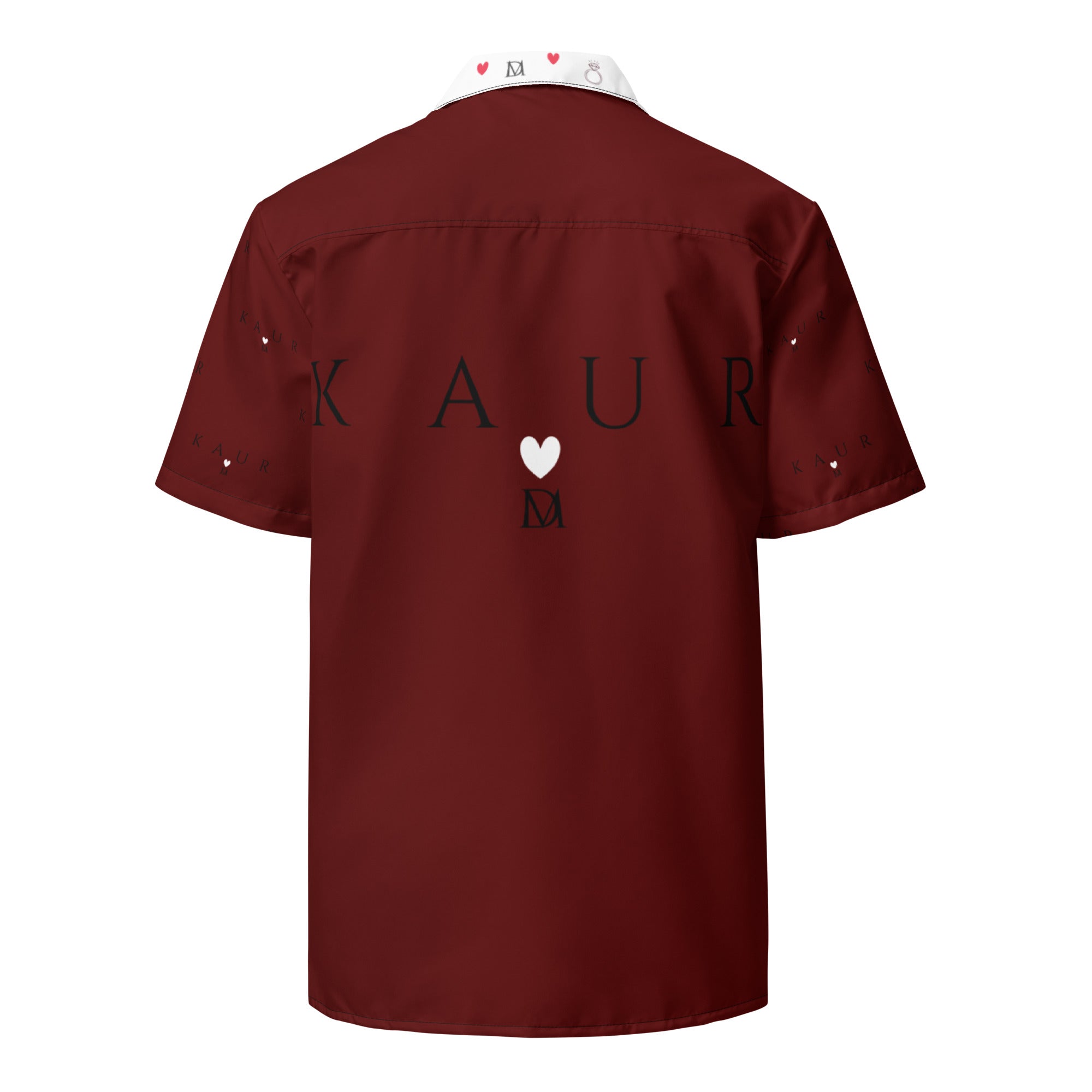All-over print white unisex button shirt featuring Deep Hearts (Tainu Yaad) design by Daemon Luxury.