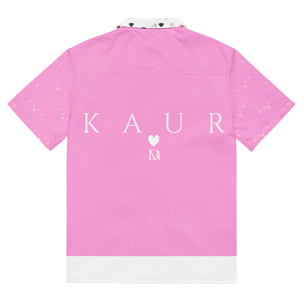 Unisex white button-up shirt with all-over cotton candy love (Tainu Yaad) print by Daemon Luxury, shown from the back.