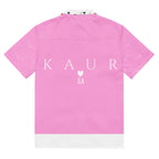Unisex white button-up shirt with all-over cotton candy love (Tainu Yaad) print by Daemon Luxury, shown from the back.