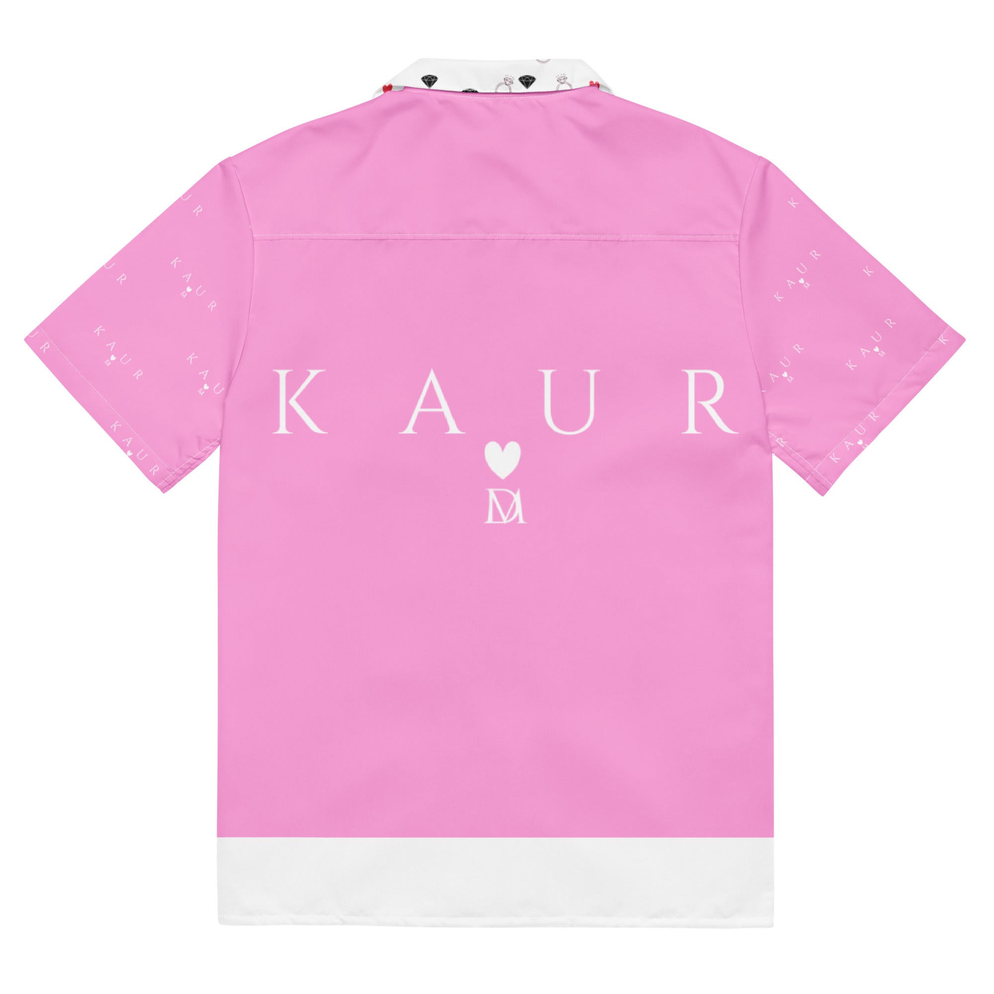 Unisex white button-up shirt with all-over cotton candy love (Tainu Yaad) print by Daemon Luxury, shown from the back.