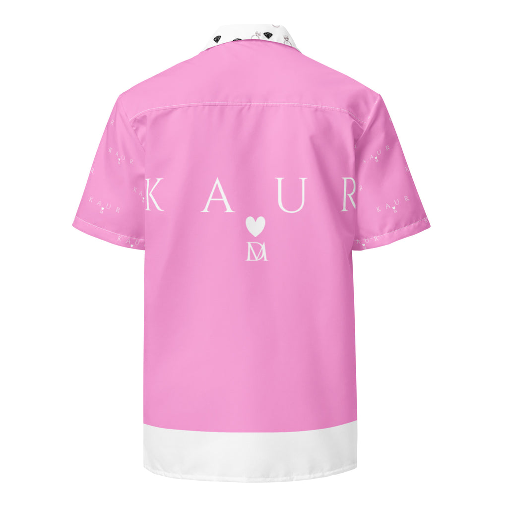 Unisex white button-up shirt featuring all-over cotton candy love love print by Daemon Luxury, casual and stylish fashion piece