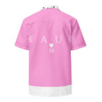 Unisex white button-up shirt featuring all-over cotton candy love love print by Daemon Luxury, casual and stylish fashion piece