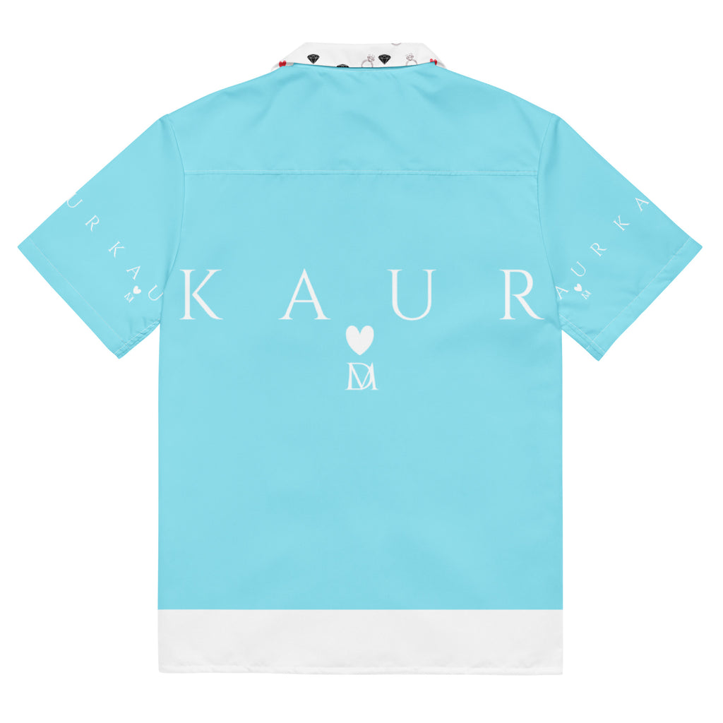 Unisex Bubblegum Skies Tainu Yaad Camicia button-up shirt with all-over print in white, showcasing vibrant sky and cloud design.