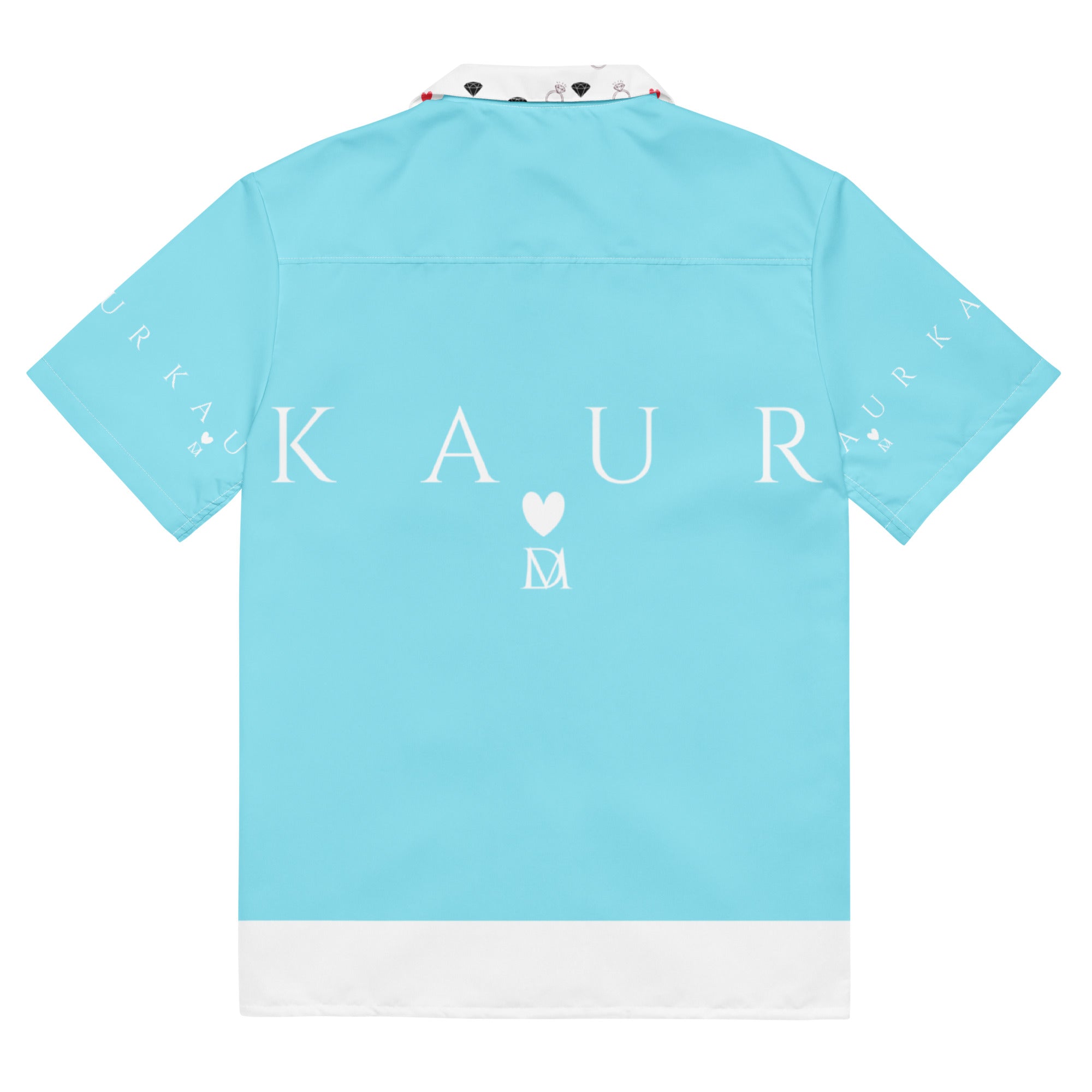Unisex Bubblegum Skies Tainu Yaad Camicia button-up shirt with all-over print in white, showcasing vibrant sky and cloud design.