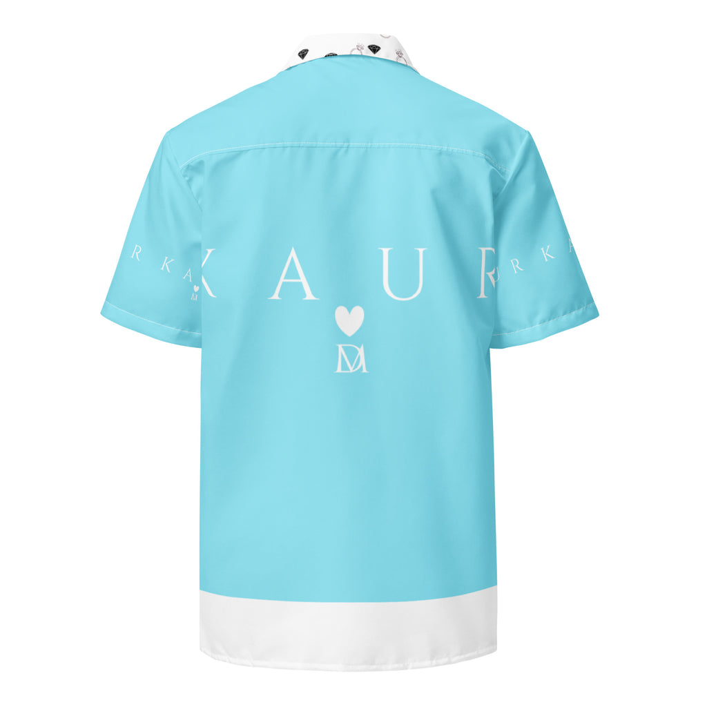 Unisex Bubblegum Skies Camicia shirt with all-over print, white background, button-up design by Daemon Luxury.