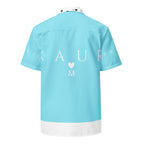 Unisex Bubblegum Skies Camicia shirt with all-over print, white background, button-up design by Daemon Luxury.