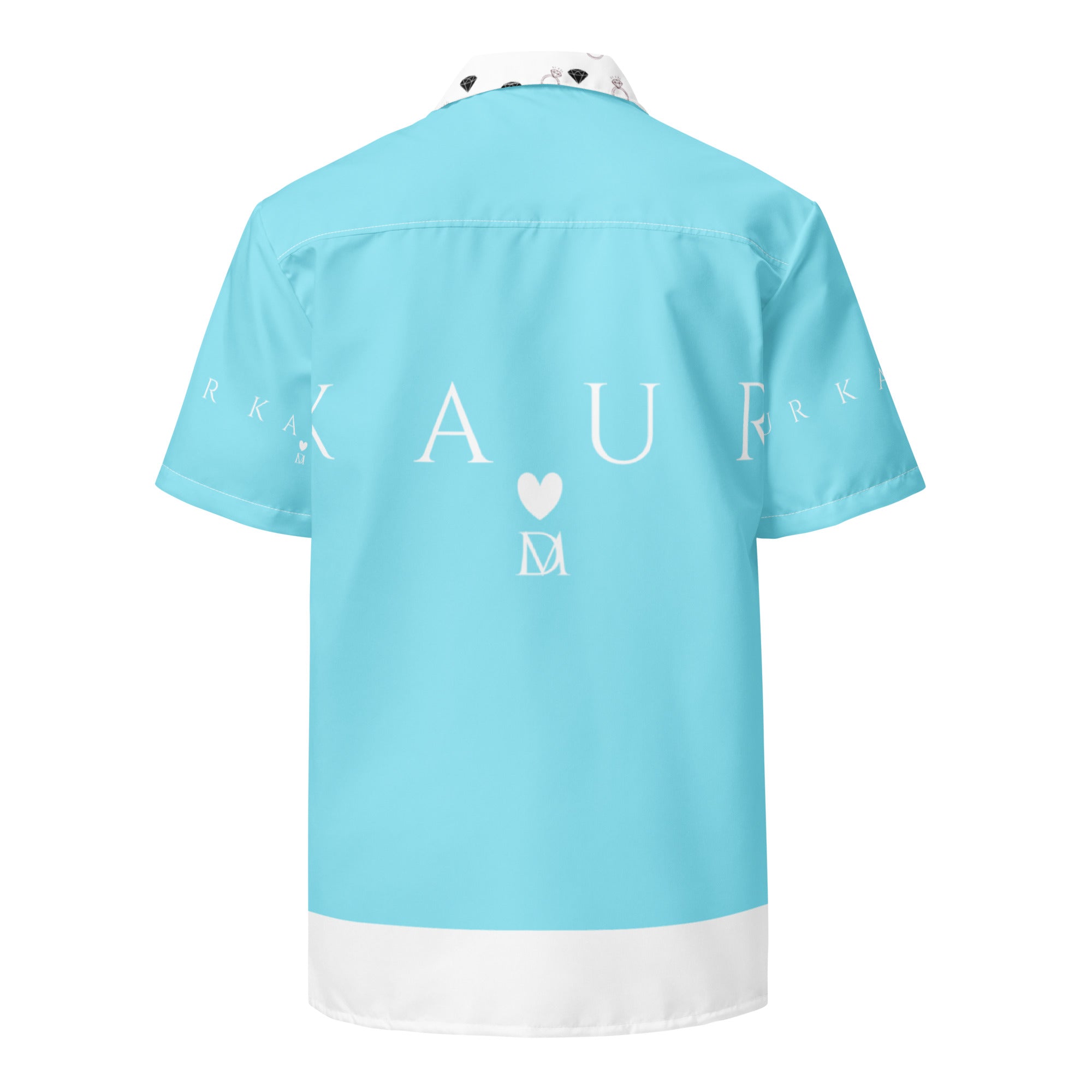 Unisex Bubblegum Skies Camicia shirt with all-over print, white background, button-up design by Daemon Luxury.