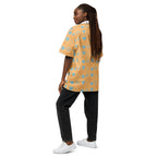 Unisex button-up shirt by Daemon Luxury featuring an all-over Honeyberry Lights (Tarmin Pale) print on white fabric.