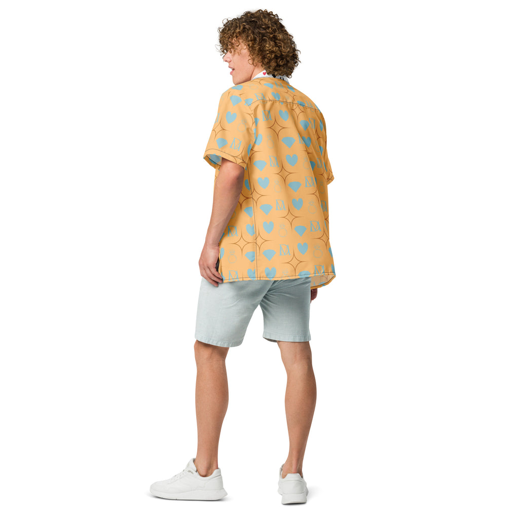 Unisex white button-up shirt with all-over Honeyberry Lights (Tarmin Pale) print by Daemon Luxury, showing the back view.