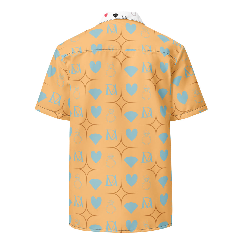 Daemon Luxury Honeyberry Lights Tarmin Pale all-over-print unisex button shirt showing white fabric with vibrant honeyberry pattern.