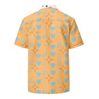 Daemon Luxury Honeyberry Lights Tarmin Pale all-over-print unisex button shirt showing white fabric with vibrant honeyberry pattern.