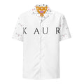Unisex Daemon Luxury button shirt with all-over white print, front view showcasing stylish design and fabric details.