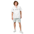 All-over print white unisex button shirt by Daemon Luxury, featuring a stylish design and classic collar.