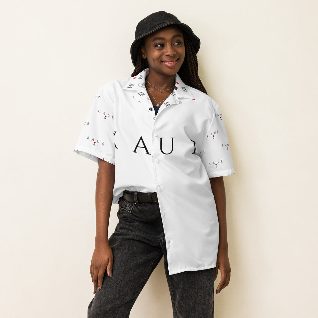 White unisex button shirt by Daemon Luxury with all-over print, featuring a classic collar and front buttons.