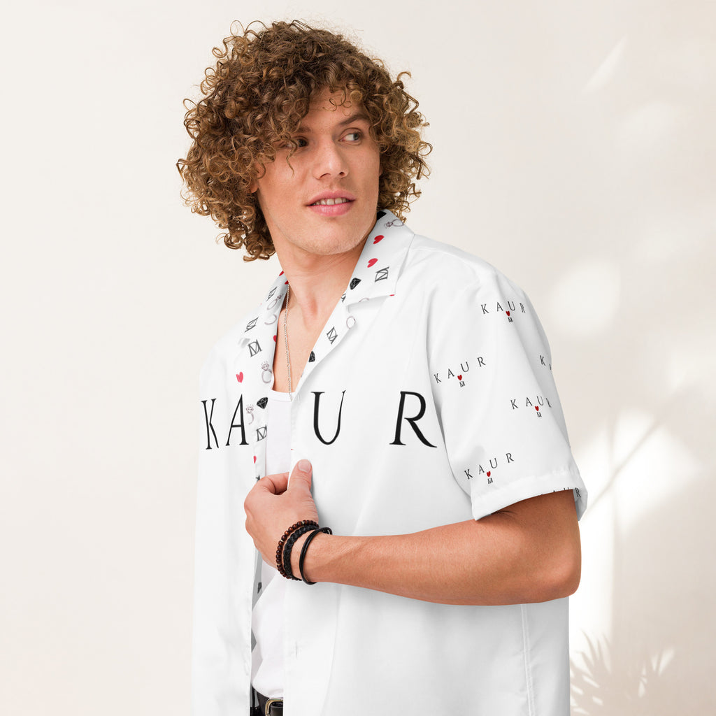 All-over print unisex button shirt by Daemon Luxury, showcased in white with a stylish pattern on the front.