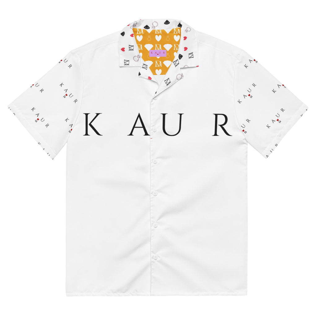 All-over print white unisex button shirt by Daemon Luxury, featuring a sleek design and front button closure.
