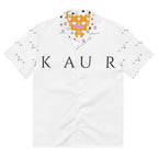 All-over print white unisex button shirt by Daemon Luxury, featuring a sleek design and front button closure.
