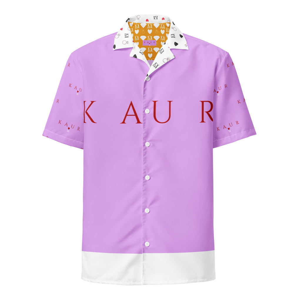 Unisex white button-up shirt with all-over print from Daemon Luxury's Love of Nimrat (Mutiyaar) collection, front view.