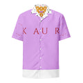 Unisex white button-up shirt with all-over print from Daemon Luxury's Love of Nimrat (Mutiyaar) collection, front view.