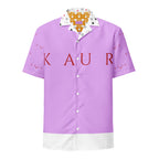 Unisex white button-up shirt with all-over print from Daemon Luxury's Love of Nimrat (Mutiyaar) collection, front view.
