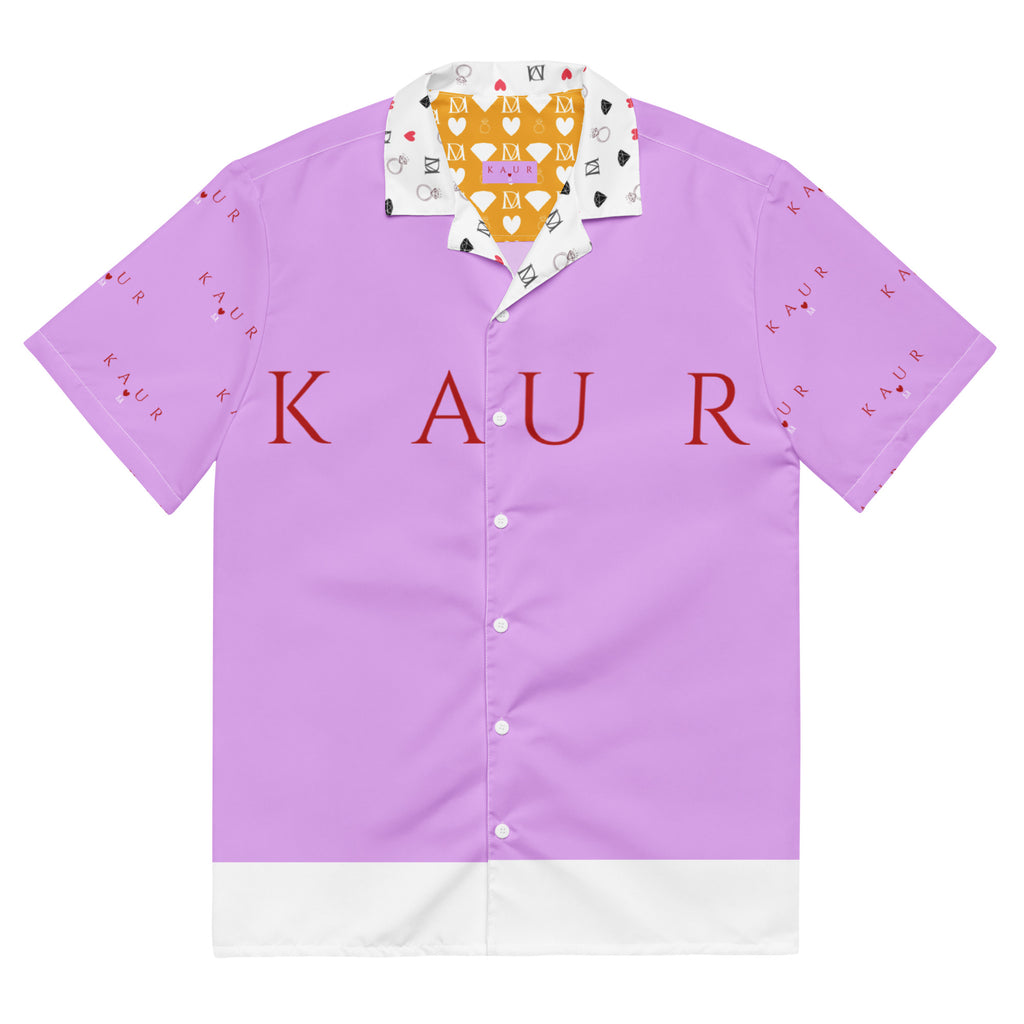 White unisex button-up shirt featuring Love of Nimrat (Mutiyaar) all-over print by Daemon Luxury, front view.