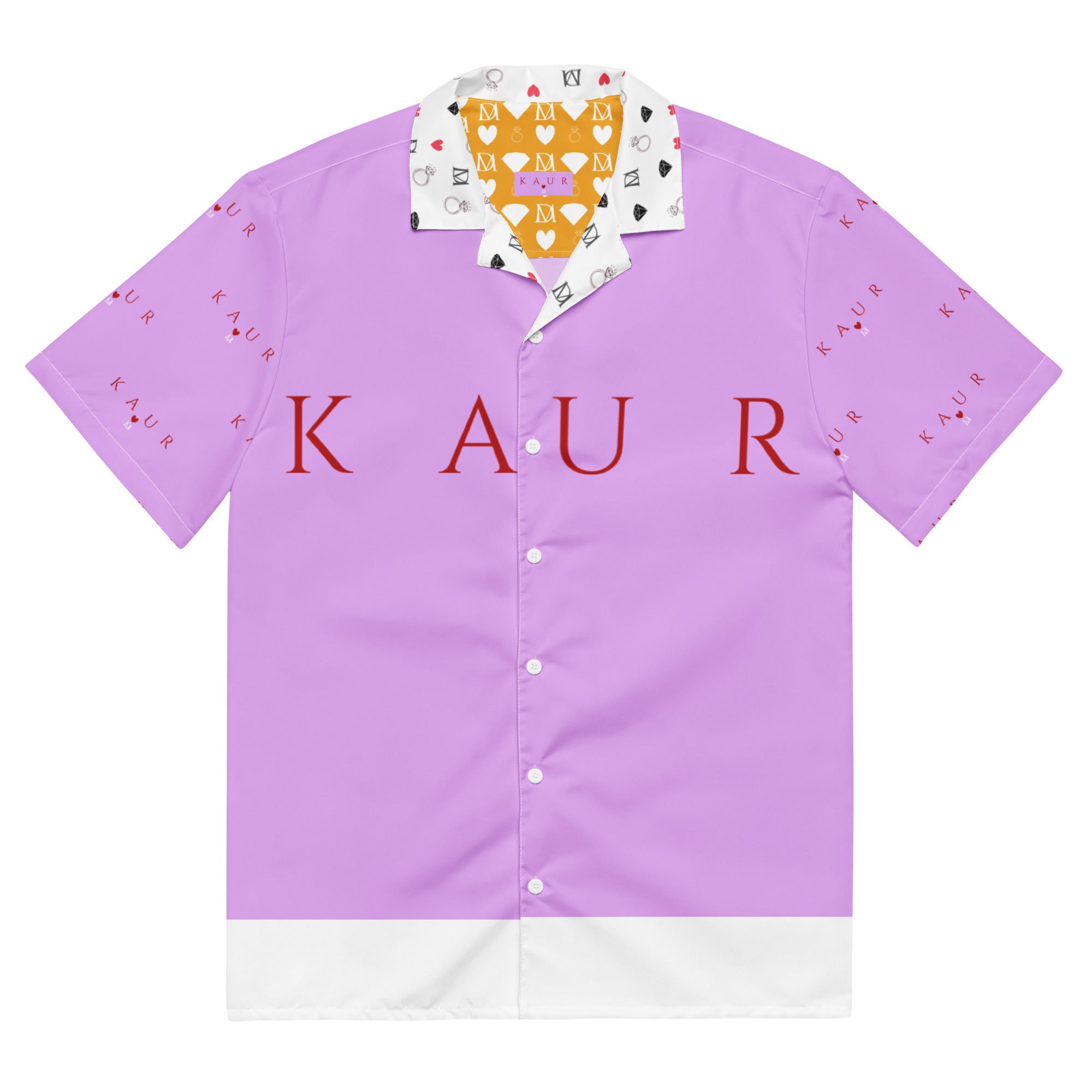 White unisex button-up shirt featuring Love of Nimrat (Mutiyaar) all-over print by Daemon Luxury, front view.