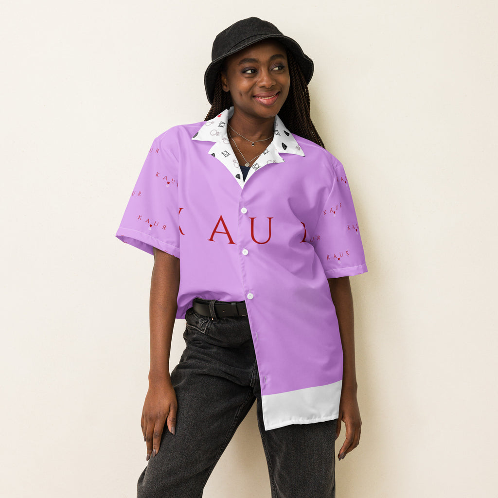 Unisex white button-up shirt with all-over print design from Daemon Luxury's Love of Nimrat collection.