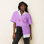 Unisex white button-up shirt with all-over print design from Daemon Luxury's Love of Nimrat collection.
