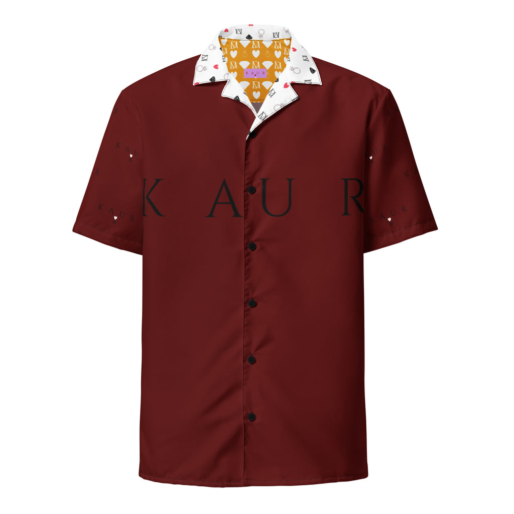 Unisex white button-up shirt featuring all-over heart print design from Daemon Luxury's Deep Hearts Tainu Yaad collection.