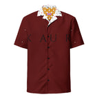 Unisex white button-up shirt featuring all-over heart print design from Daemon Luxury's Deep Hearts Tainu Yaad collection.