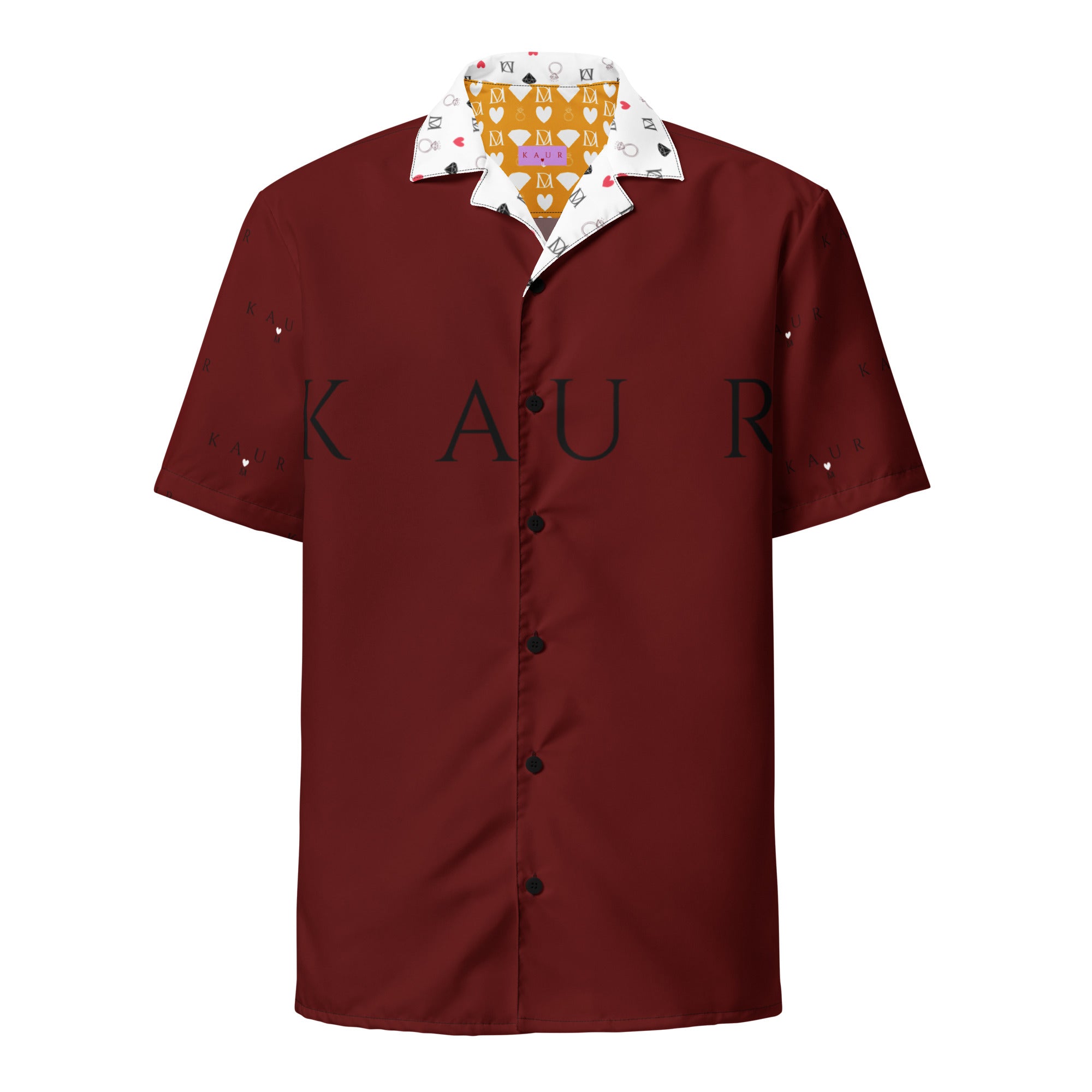 Unisex white button-up shirt featuring all-over heart print design from Daemon Luxury's Deep Hearts Tainu Yaad collection.