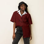 Unisex white button-up shirt featuring all-over heart print design from Daemon Luxury's Deep Hearts collection.