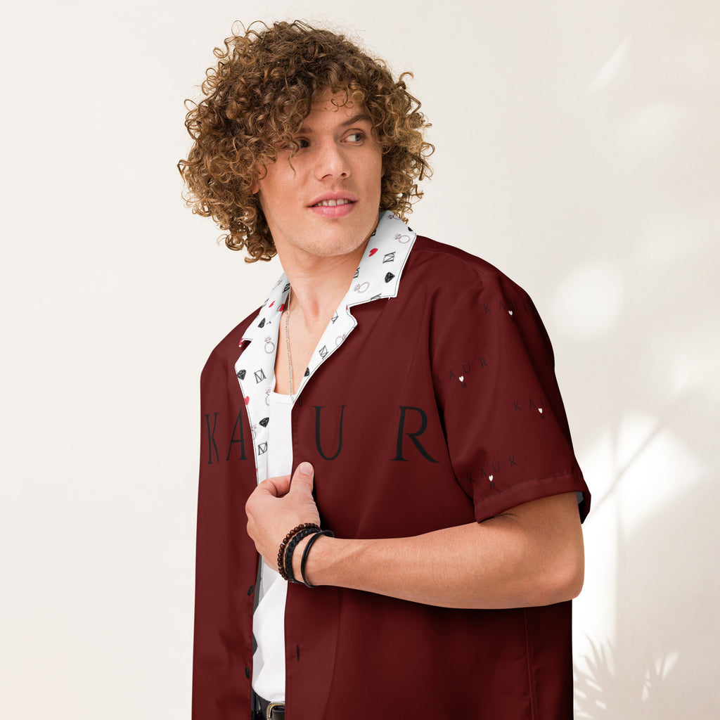 Unisex white button-up shirt with all-over deep hearts print by Daemon Luxury, featuring a stylish and modern design.