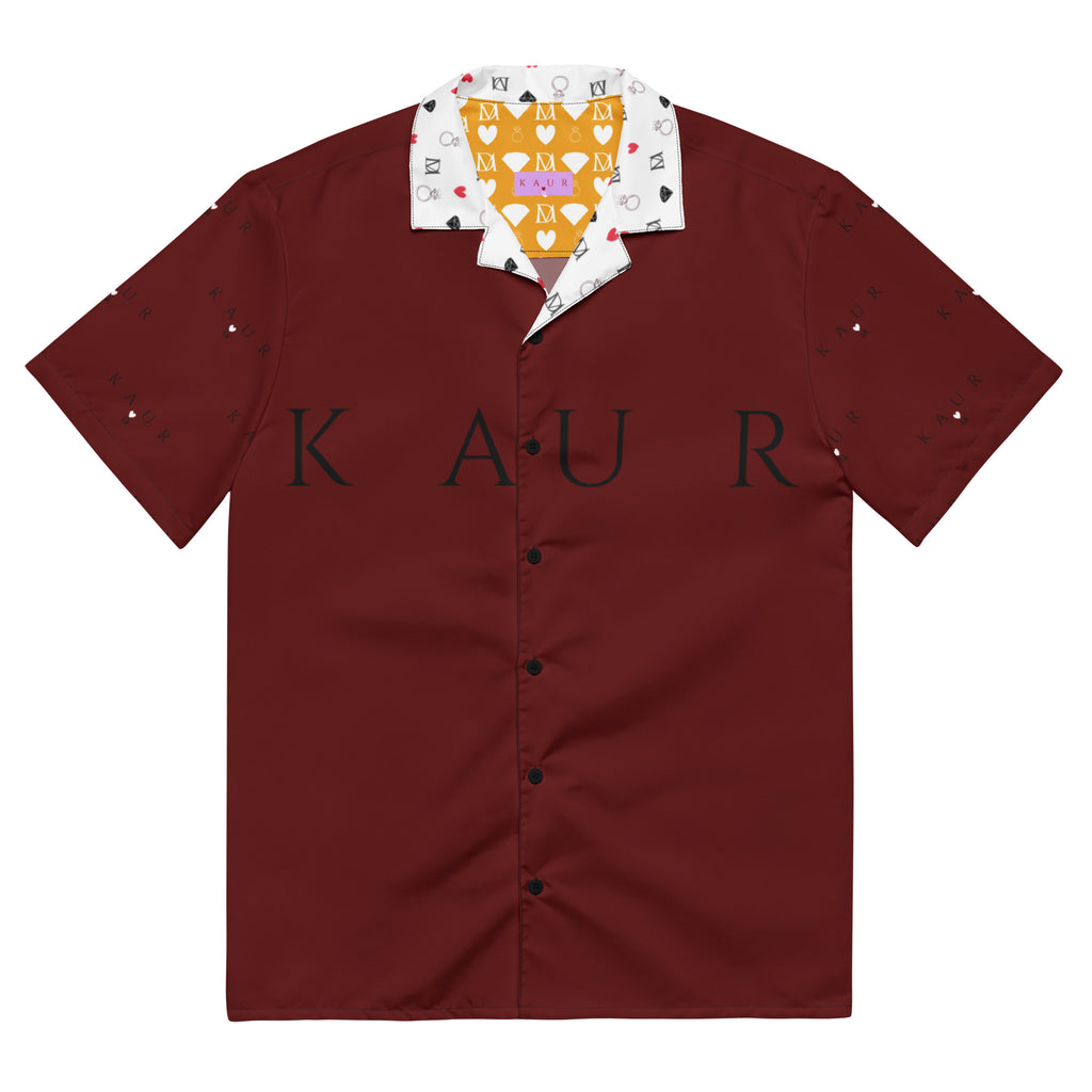 Unisex white button-up shirt featuring all-over deep heart print design by Daemon Luxury.