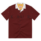 Unisex white button-up shirt featuring all-over deep heart print design by Daemon Luxury.