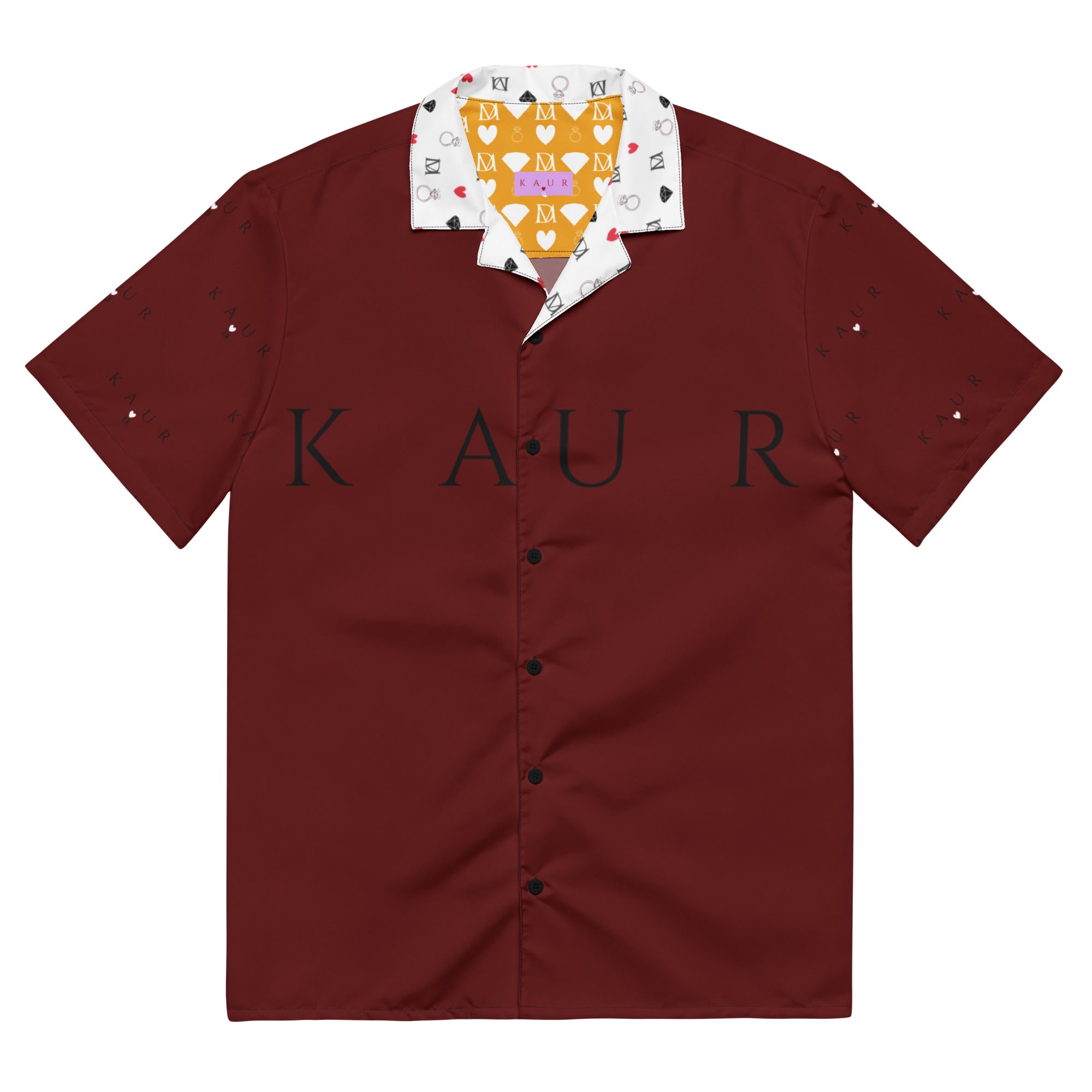 Unisex white button-up shirt featuring all-over deep heart print design by Daemon Luxury.